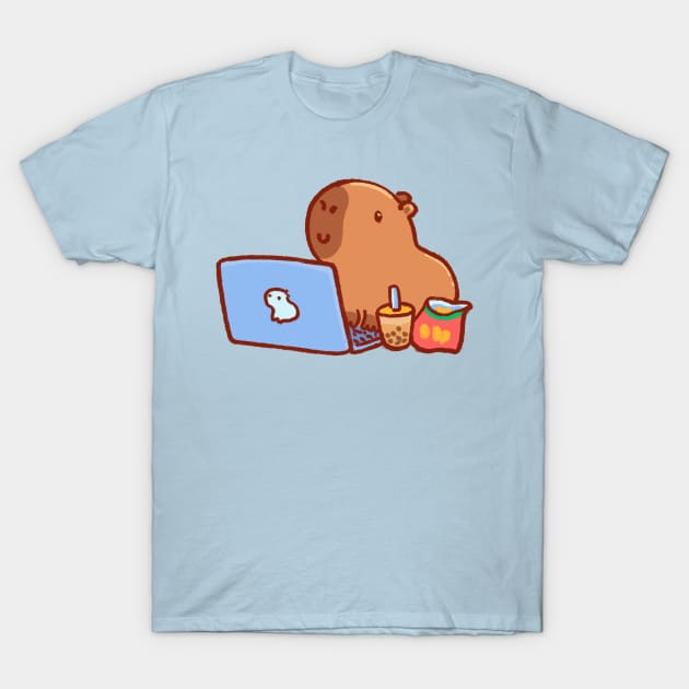 Capybara on a laptop with snacks and drink T-Shirt by Tinyarts